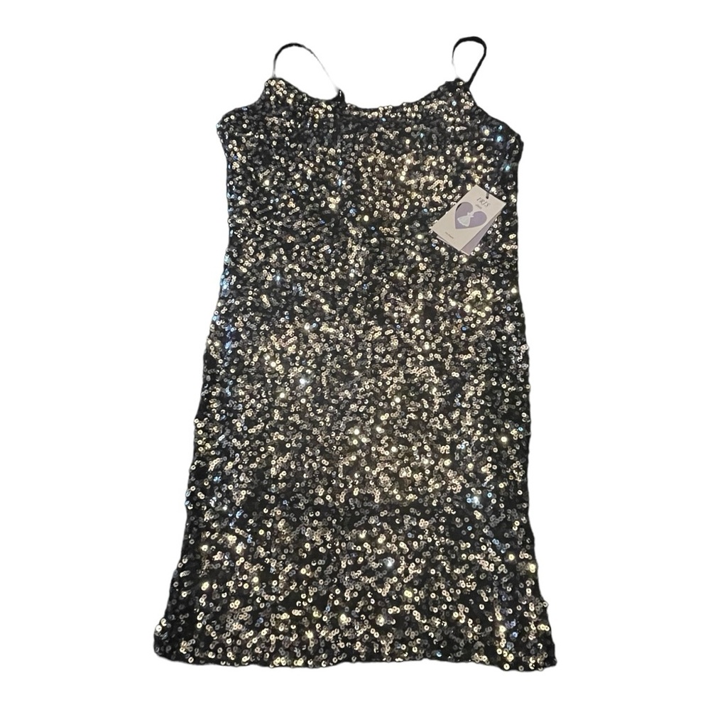 IRIS Los Angeles Black & Silver Sequined Mini Spaghetti Strap Body Con Dress Med